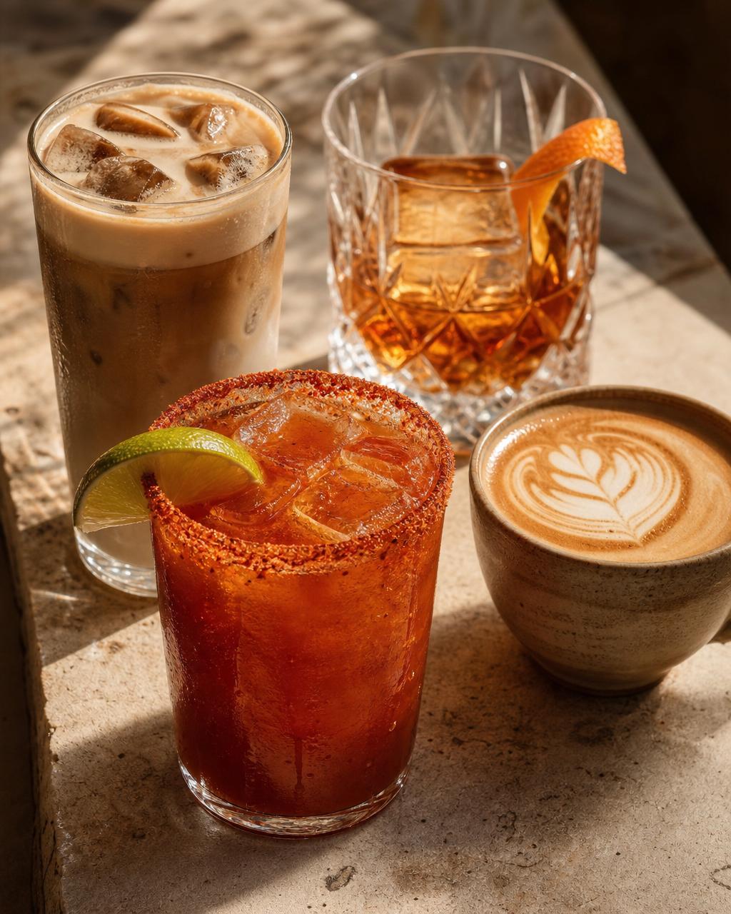 Michelada, Illy Iced Latte, Illy Cappuccino y Old Fashioned de La Esquinita
