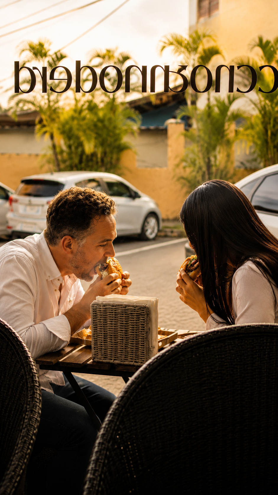 Pareja compartiendo sándwiches cubanos en la terraza de La Esquinita.