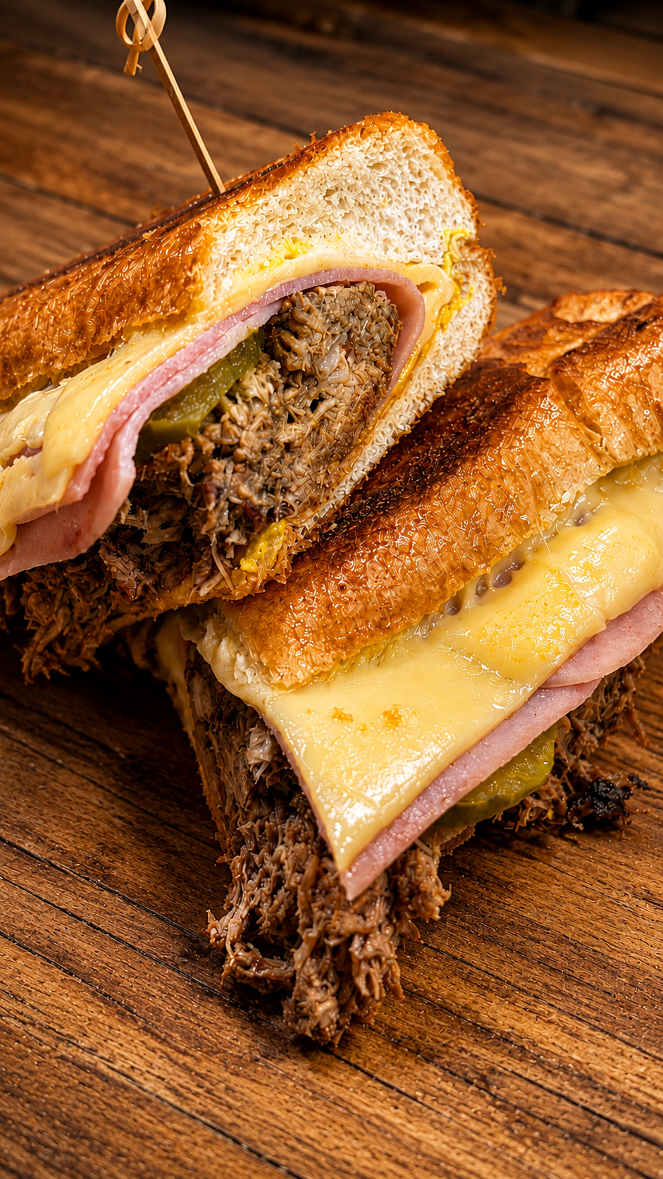 El Mejor Cubano de RD: dos mitades generosas de 9½ pulgadas con cerdo de la abuela, jamón, queso y pepinillos.